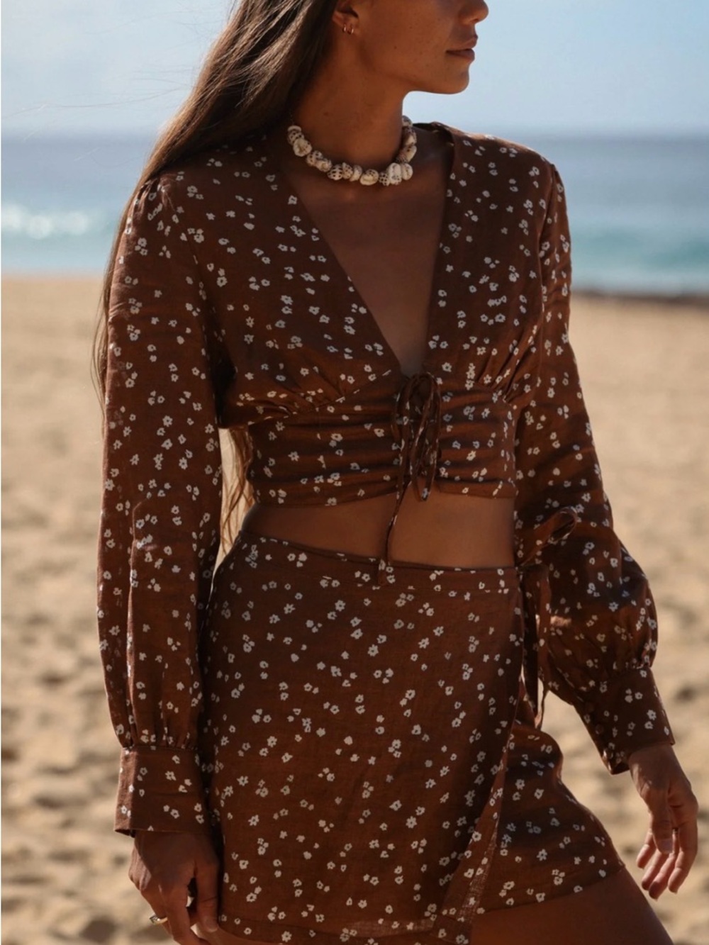 NWOT Hawaii Strait The Label Brown Linen Floral Tie-Front Crop Top